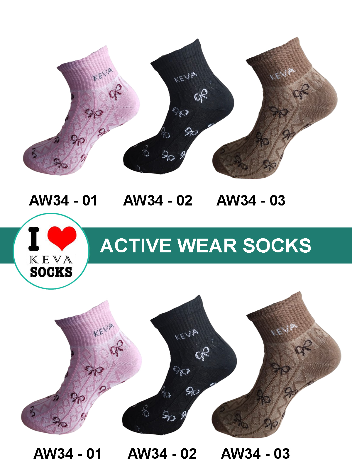 aw34 Keva Active Wear Socks: Bow-Knot Collection (AW34)