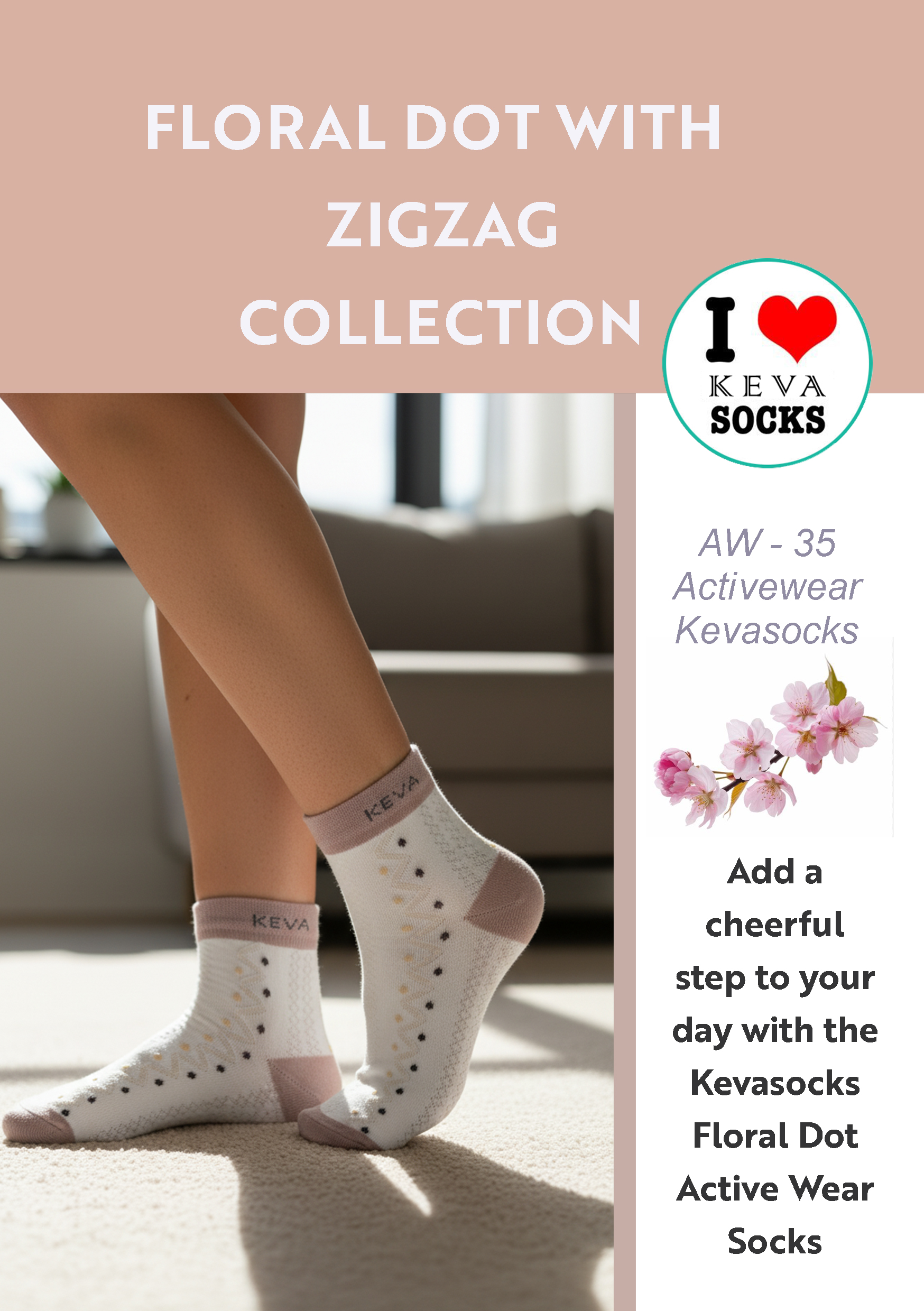 Kevasocks Active Wear Women Socks: Floral Dot Collection 6 pairs pack(AW35)