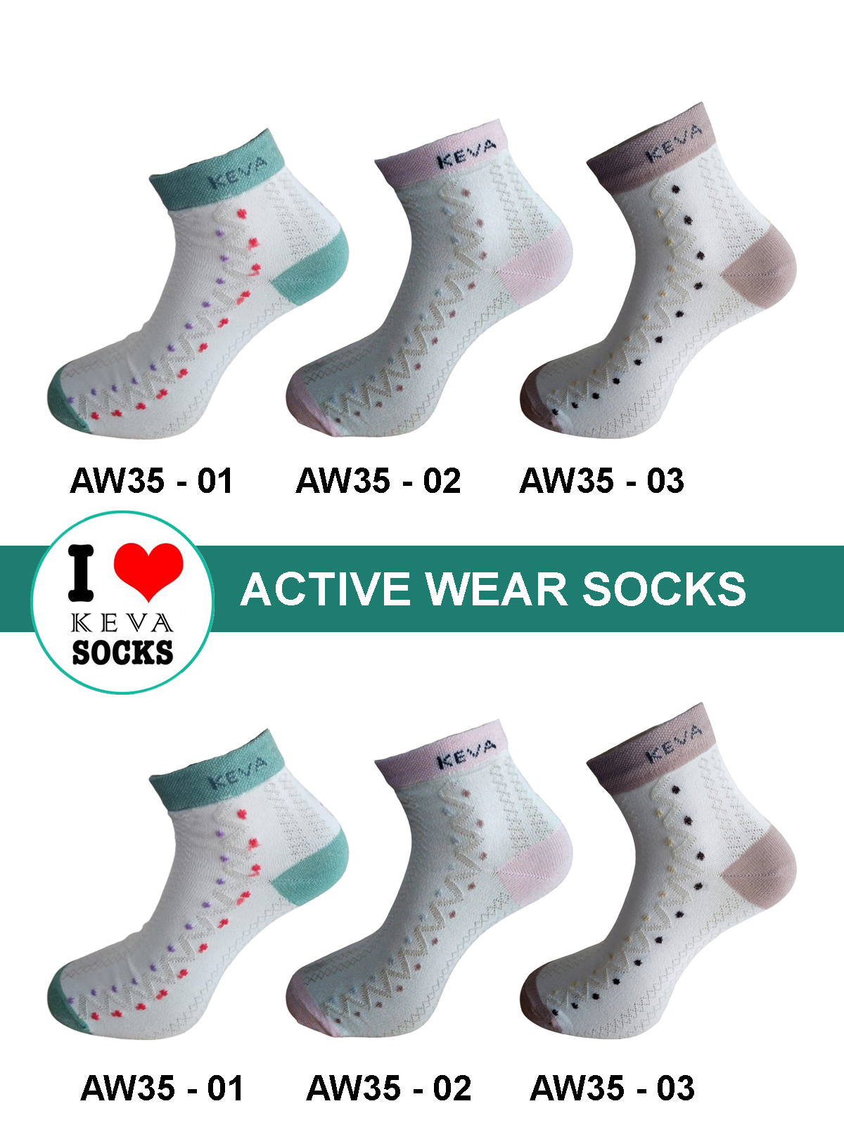 kv35 Kevasocks Active Wear Women Socks: Floral Dot Collection 6 pairs pack(AW35)